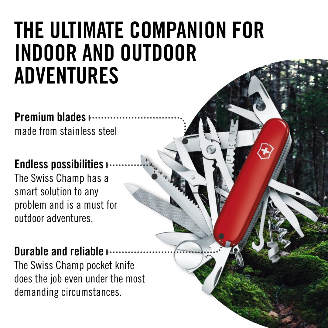Victorinox Swiss Champ magnifying lens with nail file for field maintenance.