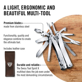 Victorinox Swiss Tool Spirit X leather pouch protects the tool on the go.