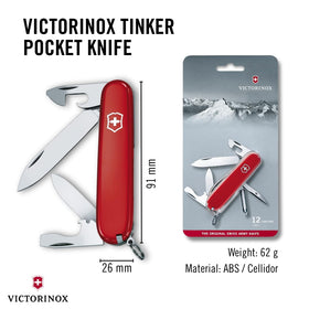 Victorinox Tinker tools laid out to show versatility and stainless steel build.