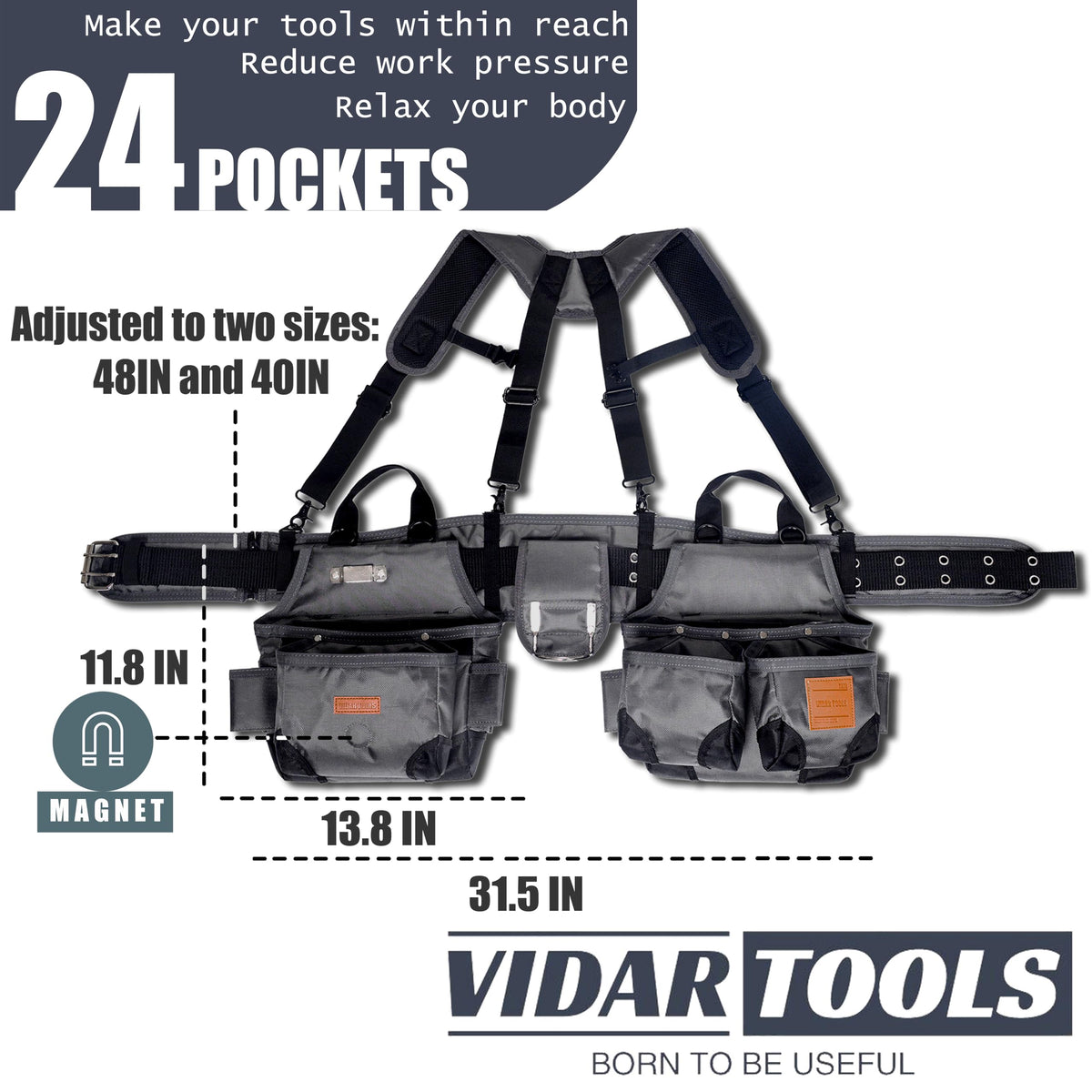 VIDAR TOOLS adjustable suspender straps with padding enhance comfort during long workdays