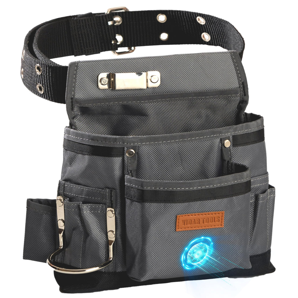 Vidar Tools small tool belt pouch front view showing 11-pocket layout for organized essentials.