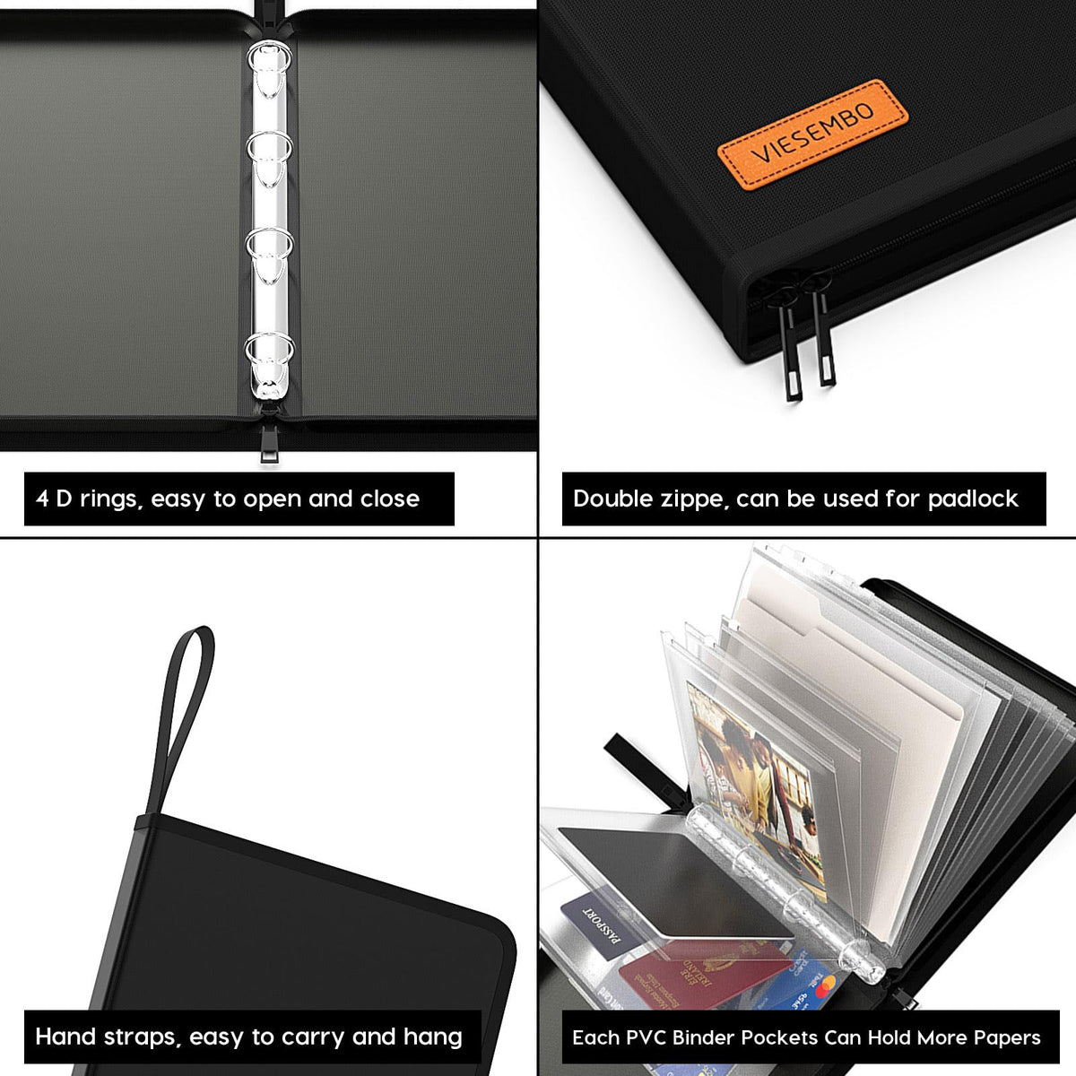 Viesembo binder pockets hold eight A4 four-hole pages and four B5 pockets.
