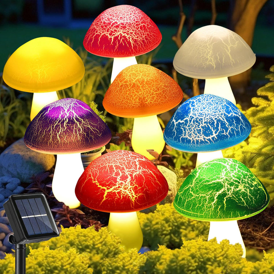 Viewpick solar mushroom lights in bold colors brighten the garden at night.
