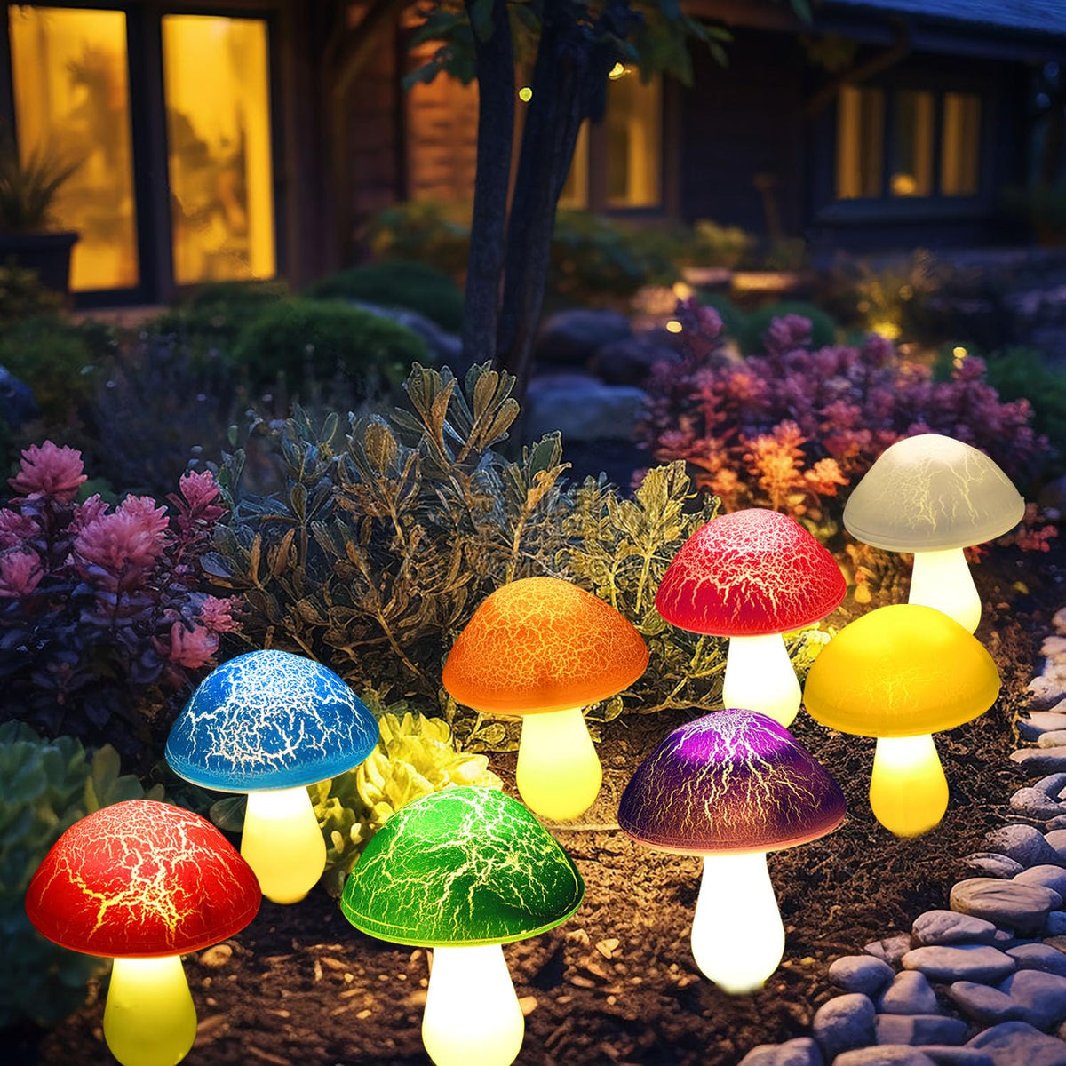 Viewpick solar mushroom lights crack design creates artistic light patterns in your yard.