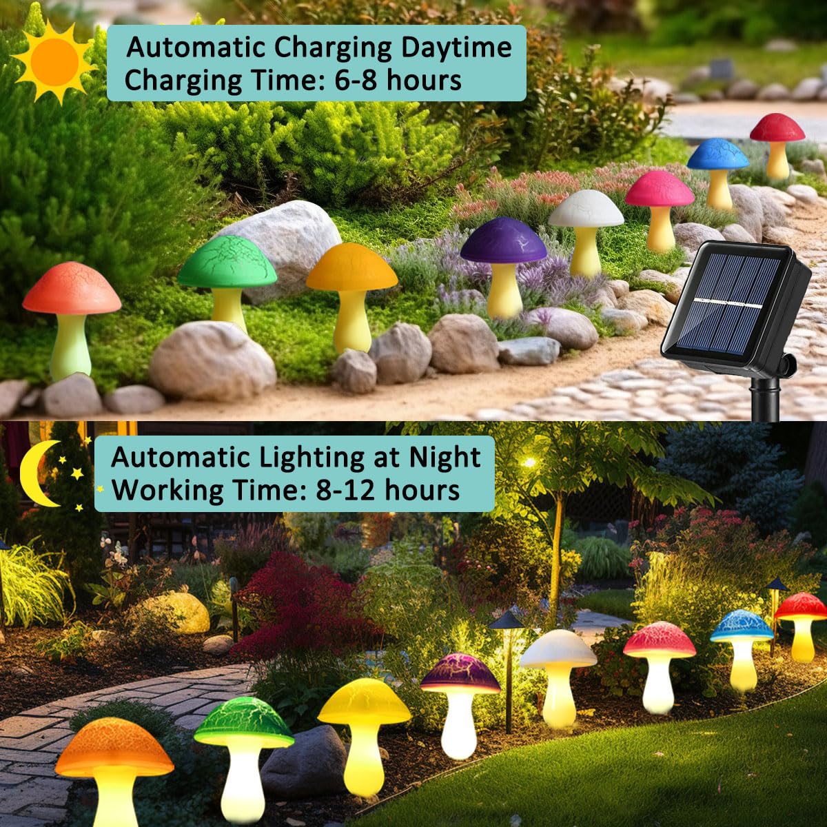 Viewpick solar mushroom lights add warm ambience to garden paths and patios.