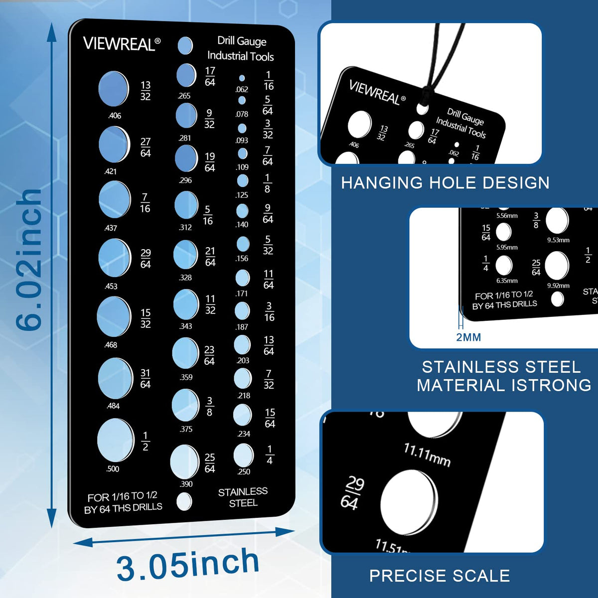 ViewReal bolt and wire diameter index gauge for quick bit sizing.