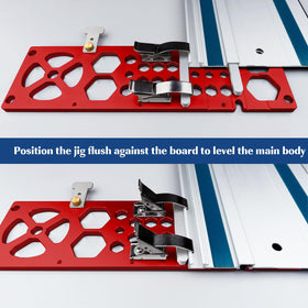 ViewReal right-angle guide square anti-tip in use, helping steady alignment during track cuts.