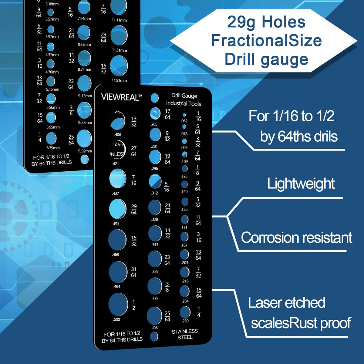 ViewReal stainless steel drill gauge in black for durable, rustproof readings.
