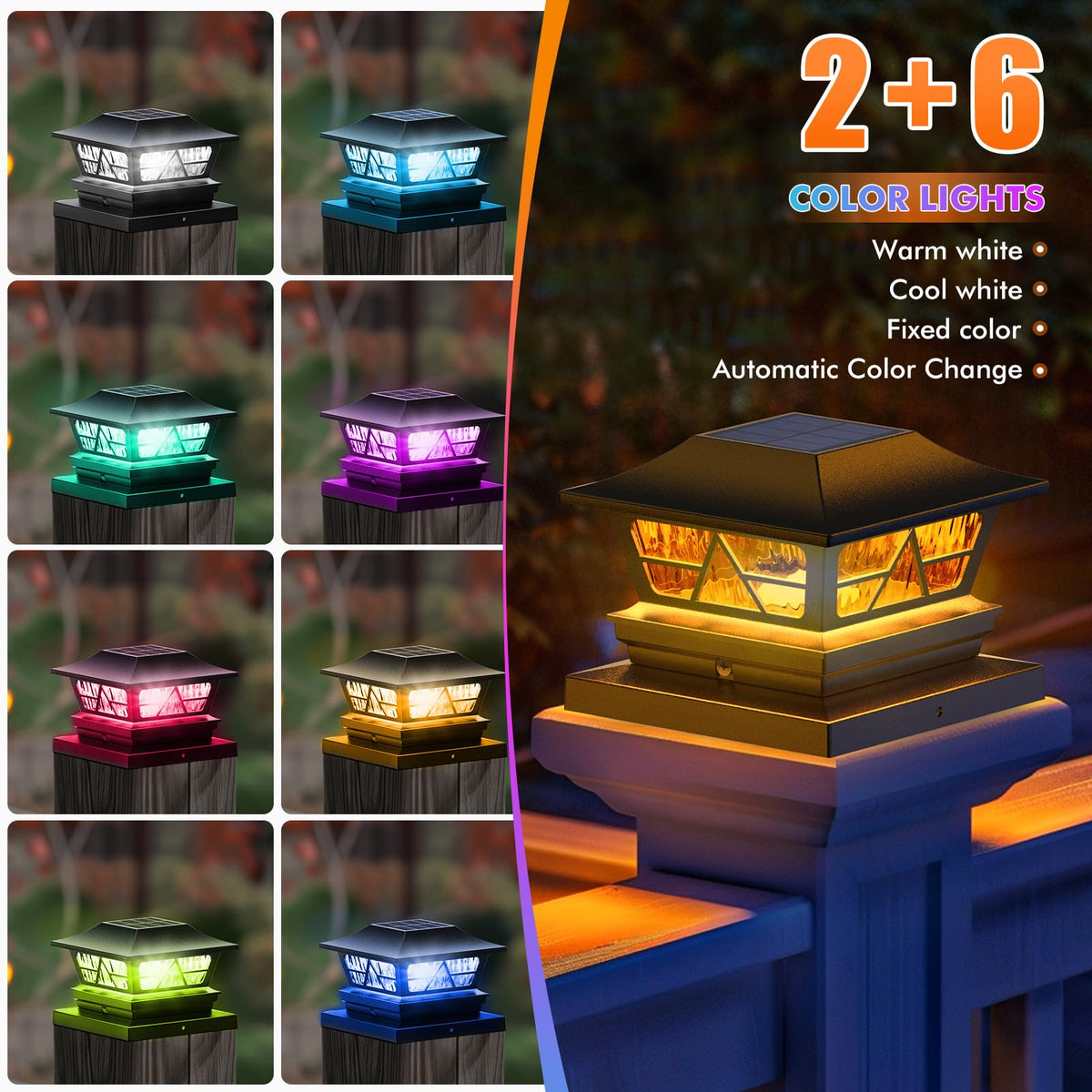 Viewsun post cap lights cycling color modes for festive evenings.