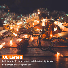 Vigdur lights showing 200 clear bulbs on a green-coated wire for bright, even glow.