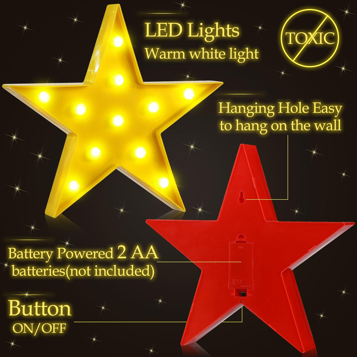 VIHOSE marquee star light red closeup showing 11 warm LEDs for soft lighting.