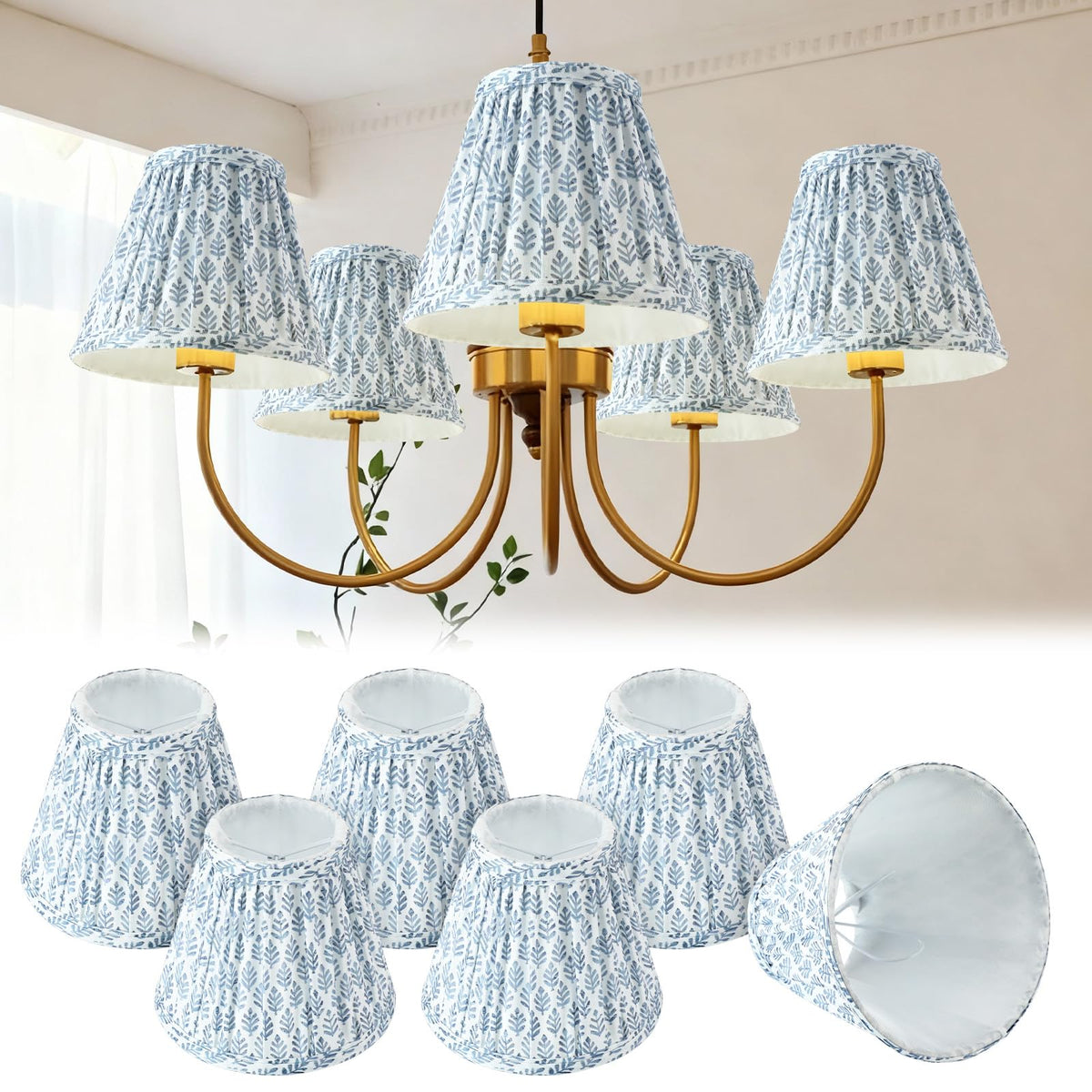 VIHOSE pleated chandelier shade with blue tree design diffuses light for warm ambience