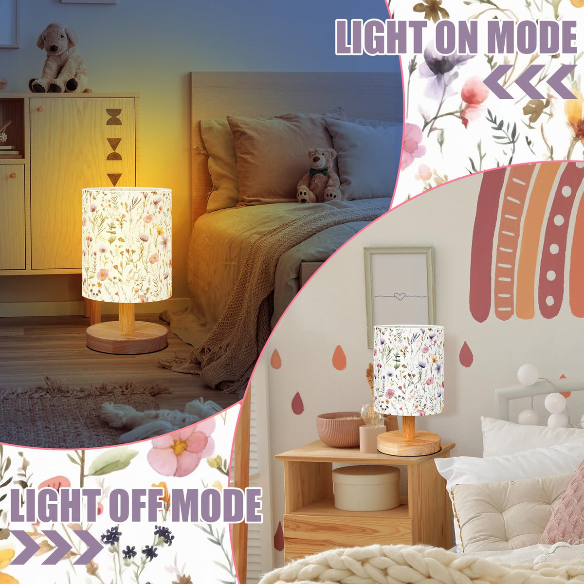 VIHOSE Wildflower bedside lamp lit ambience supports calm nights.