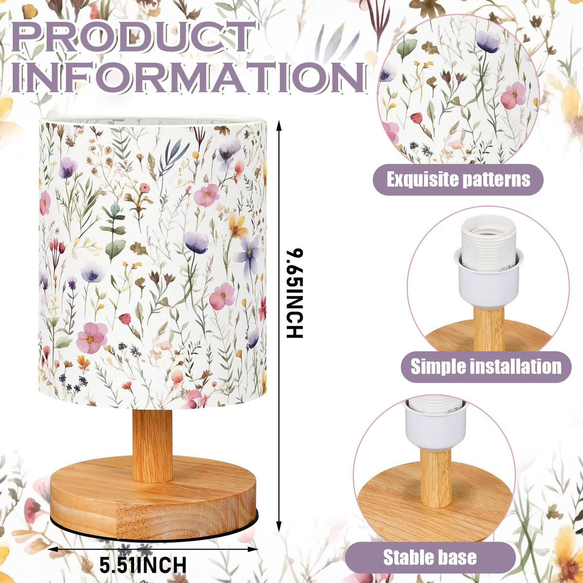 VIHOSE Wildflower nursery lamp detail exhibits boho-modern charm.