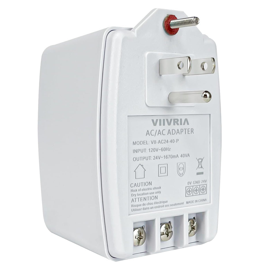 VIIVRIA 24V transformer front view showing compact plug-in design for easy replacement
