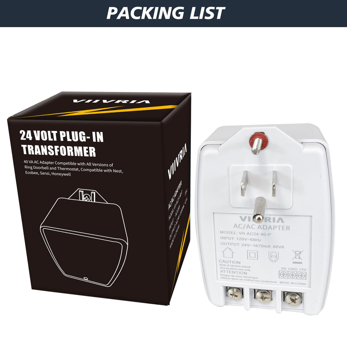 VIIVRIA 24V transformer installed beside a Ring doorbell for power
