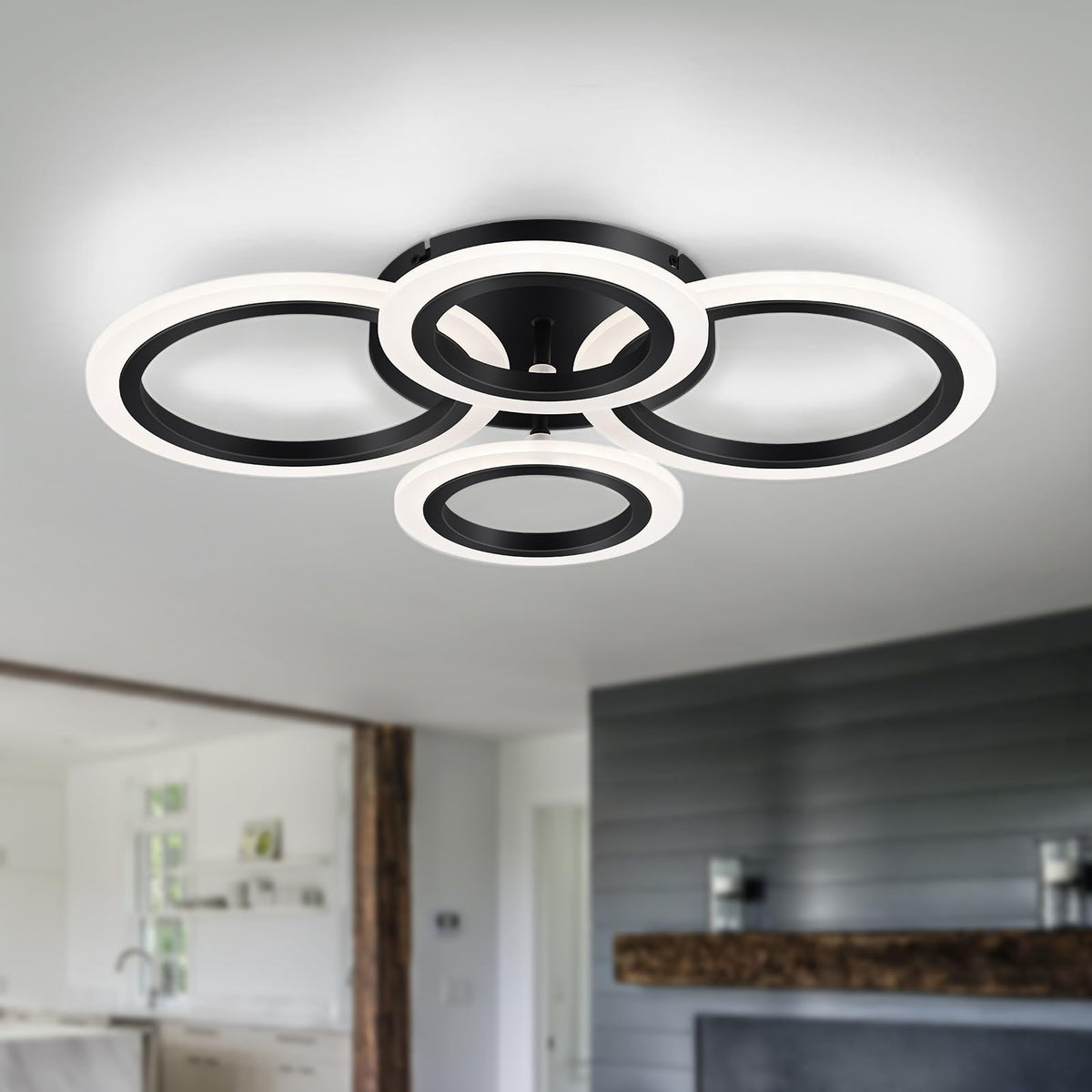 Vikaey four rings black LED flush mount front view shows contemporary design