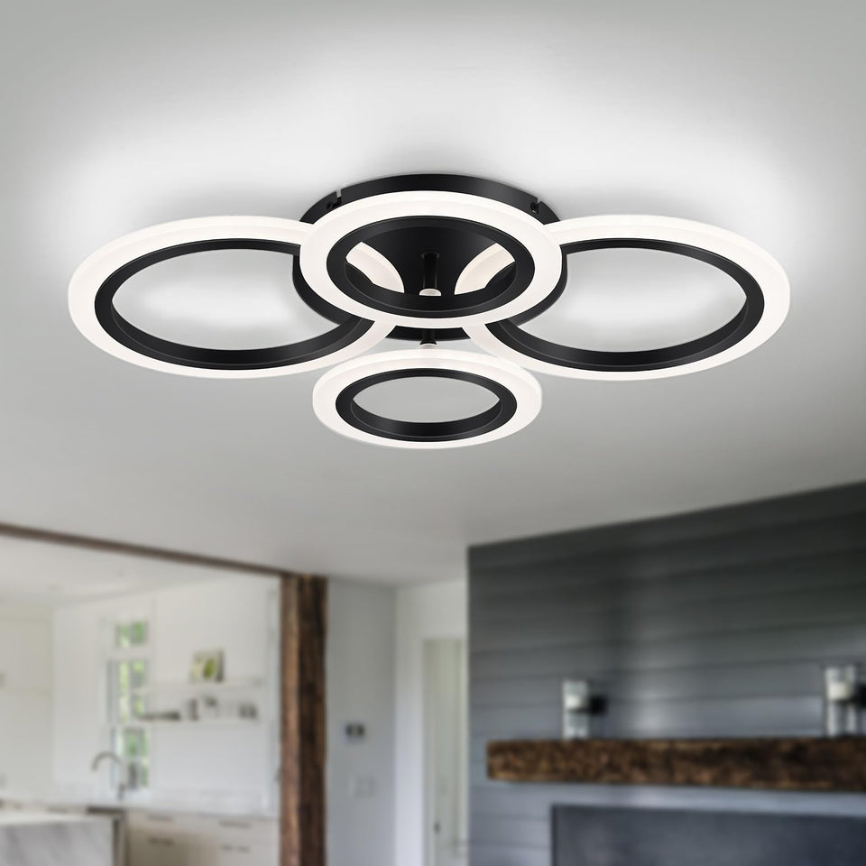 Vikaey four rings black LED flush mount front view shows contemporary design
