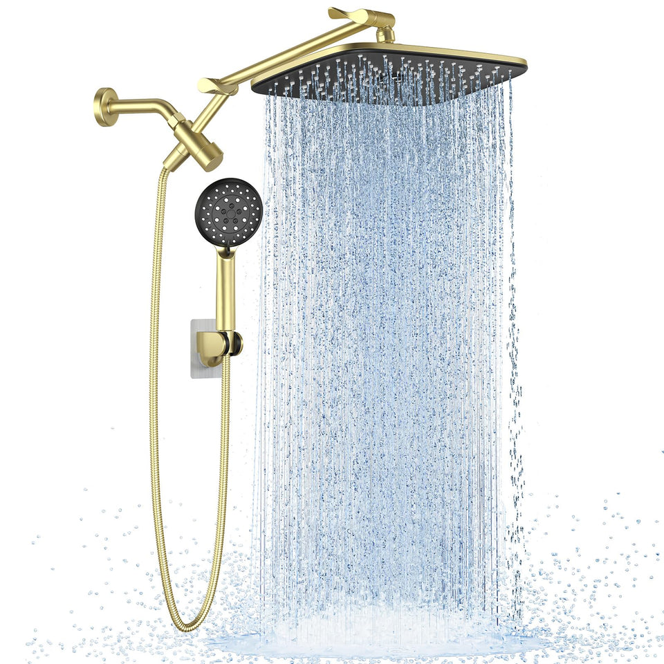Veken 11.8-inch rainfall head in gold delivers full-body spa coverage.