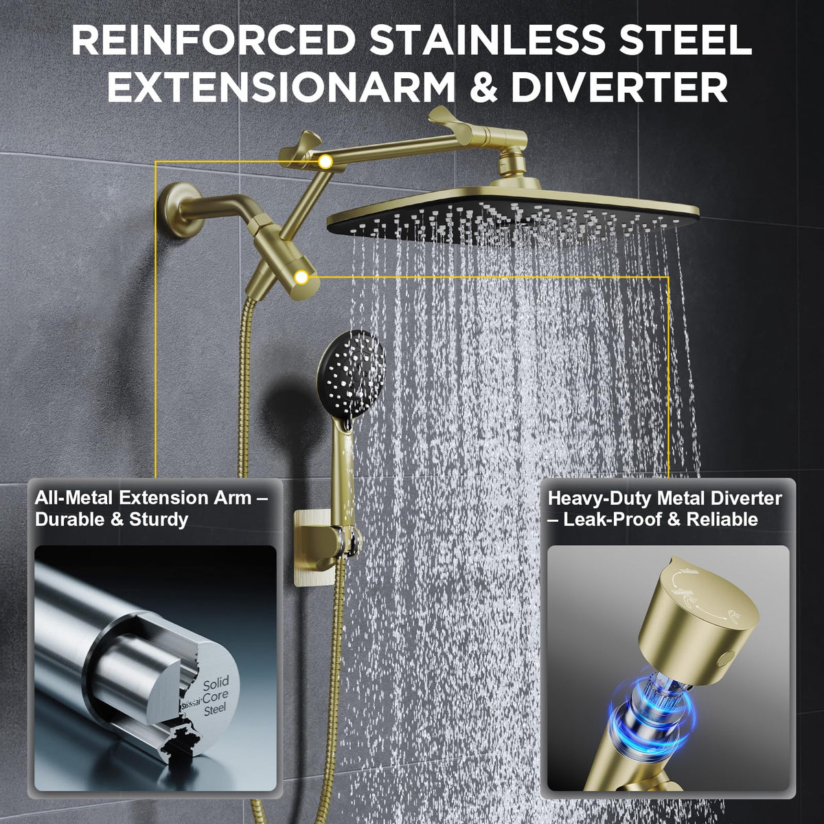 Veken handheld spray modes in gold for versatile rinsing.