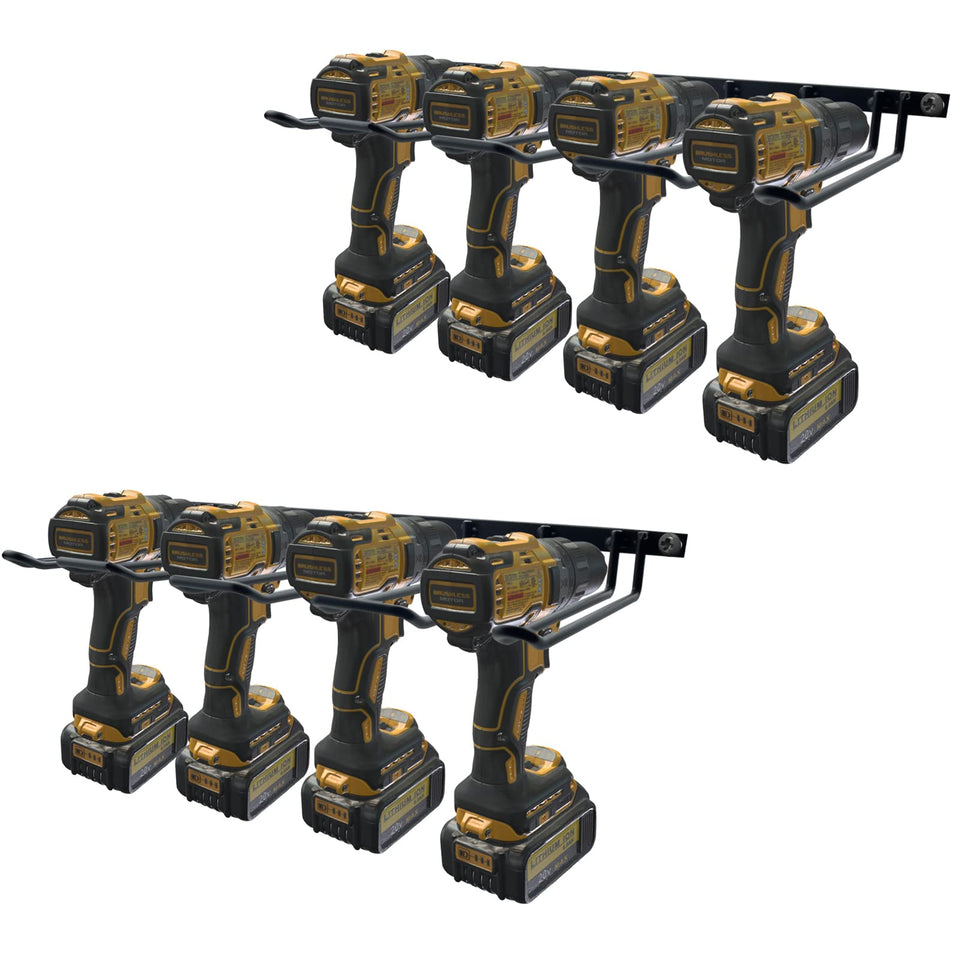 Vikerniel drill holder on wall keeps drills secure and within reach.