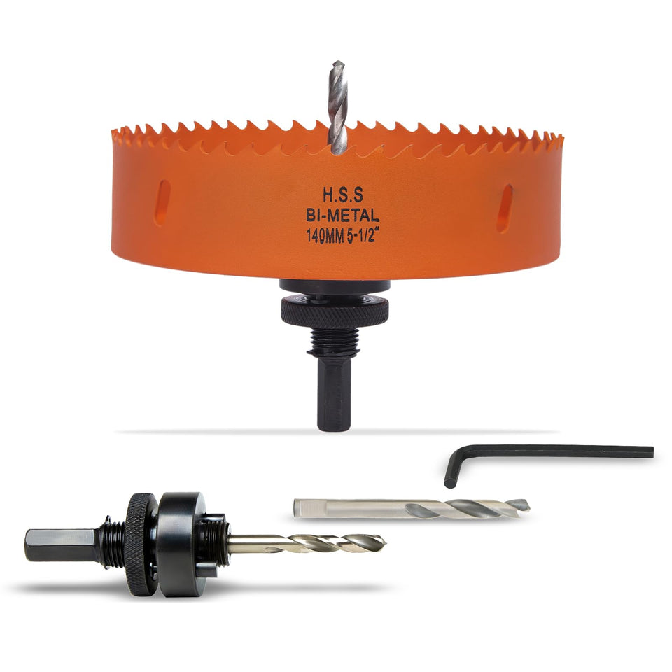 VIKITON 5-1/2 inch hole saw with arbor ready for metal, wood, and plastic projects.