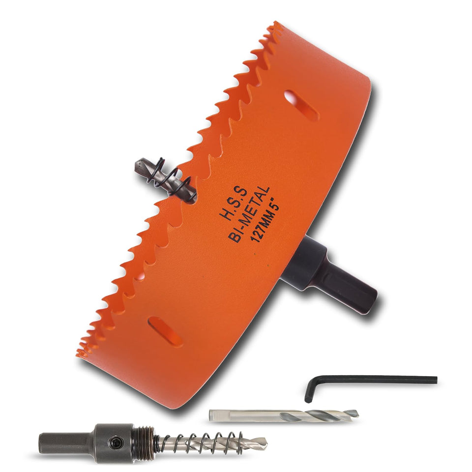 VIKITON 5in hole saw with arbor cutting metal, wood, and plastic for clean holes