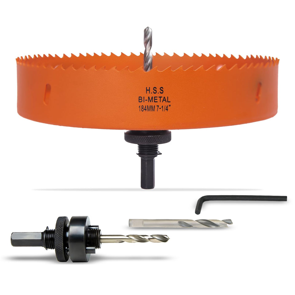 VIKITON 7-1/4-inch hole saw and arbor ready for metal, wood, and plastic projects