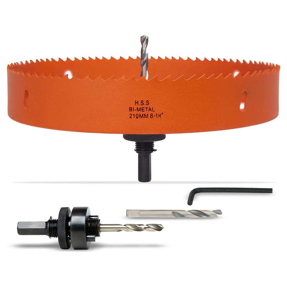 VIKITON 8-1/4 inch hole saw with arbor close up of sharp bi metal teeth