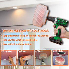VIKITON dust bowl catcher attached to hole saw for mess-free drilling