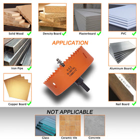 Hole saw cutting through metal, wood, and plastic with VIKITON design.