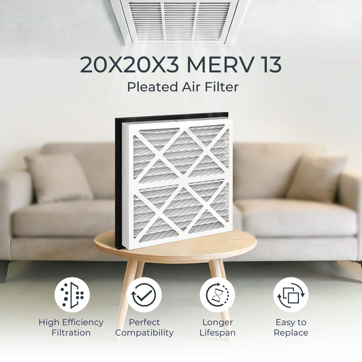 Vilaso 20x20x3 MERV 13 installation step angle demonstrates tool-free setup