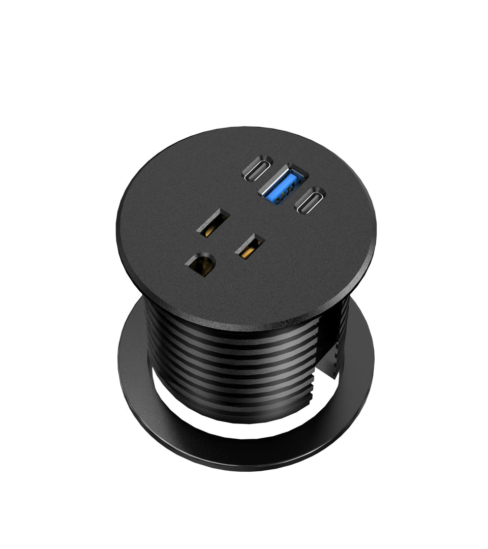 Vilong desk grommet outlet on a black 6ft desk provides tidy power and charging.