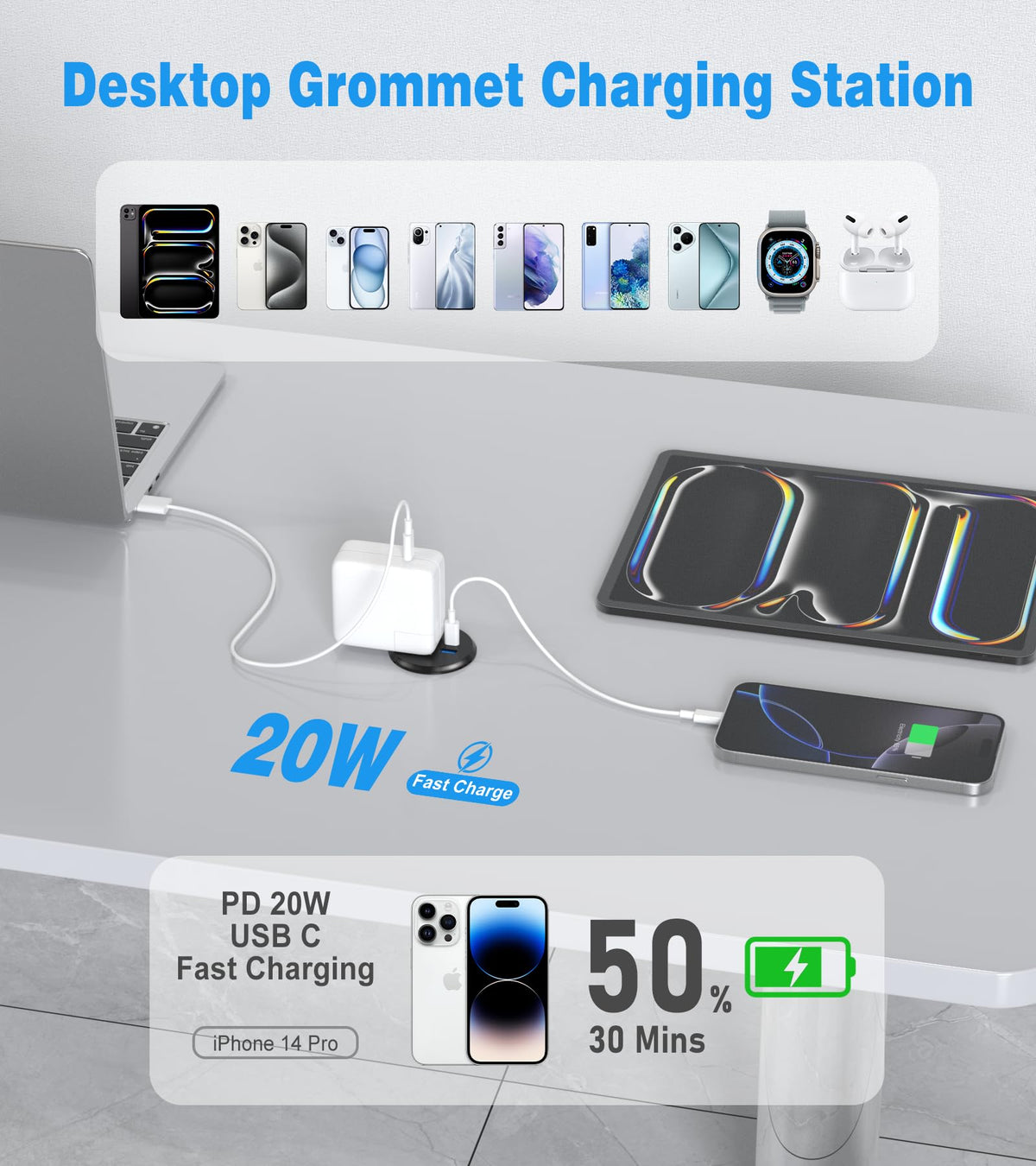 Vilong flush-mounted desk grommet used with a 6 ft cord for flexible layouts.