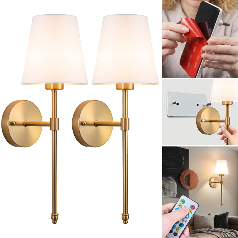Vimhou wall sconce duo with white shade and gold hardware for elegant living room decor and easy mounting