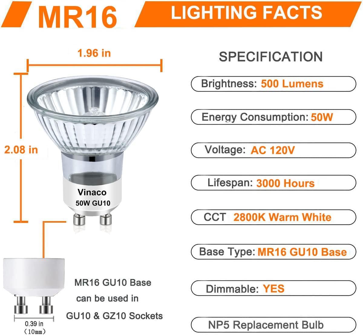 Vinaco GU10 tungsten filament bulb with vibrant color rendering.