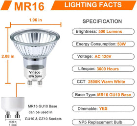 Vinaco GU10 tungsten filament bulb with vibrant color rendering.