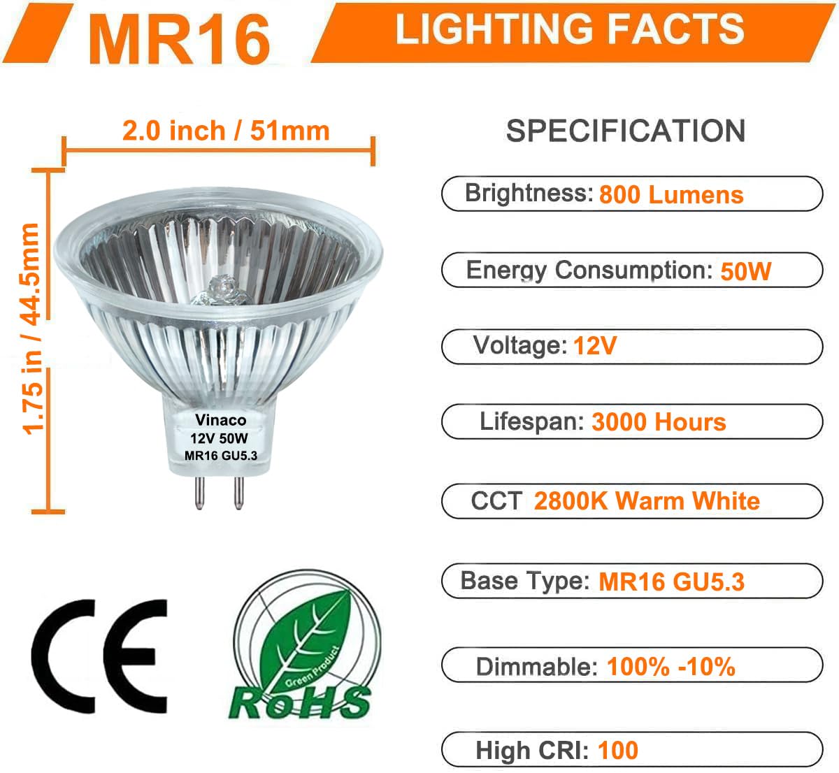 Vinaco MR16 800 lumens warm white output for inviting rooms and galleries