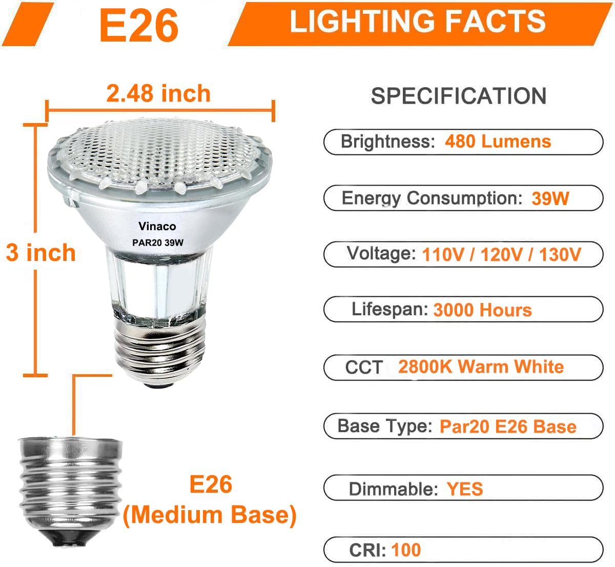 Vinaco PAR20 is dimmable from 10% to 100% for mood lighting
