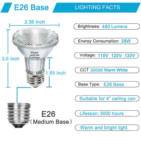 Vinaco PAR20 with E26 base fits standard fixtures easily