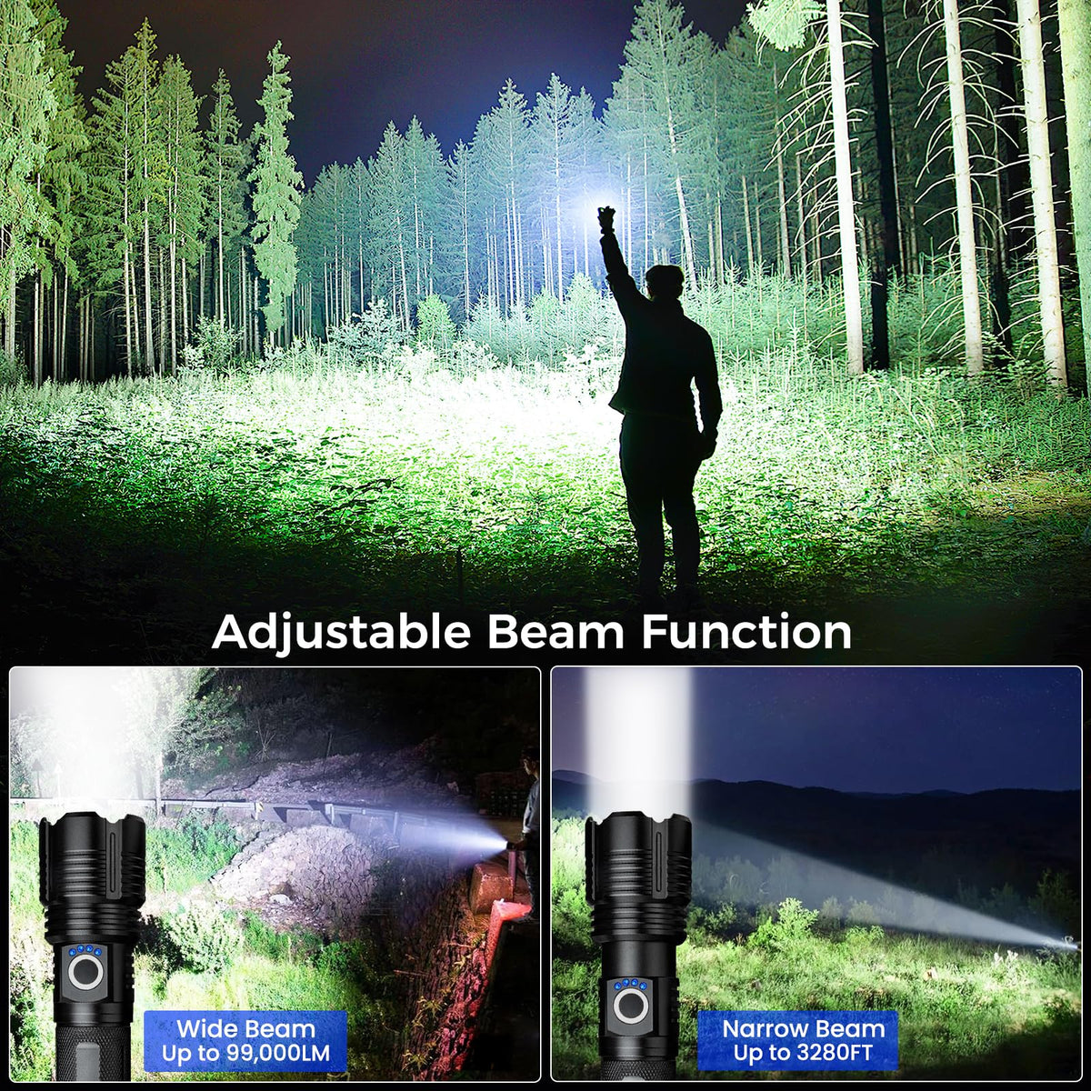 Vinderfine flashlight offers High, Medium, Low, Strobe, and SOS modes.