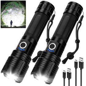 Vinderfine flashlight 99k-lumen beam for camping at night.