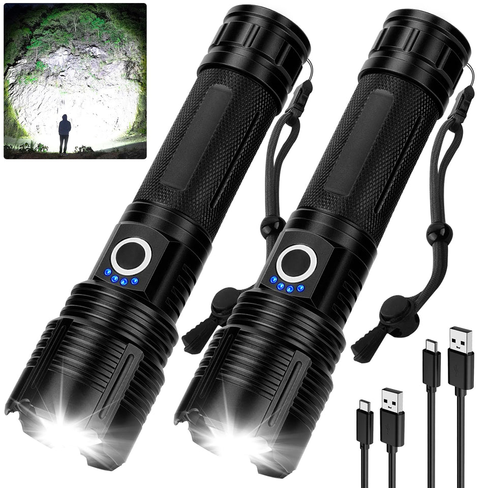 Vinderfine flashlight 99k-lumen beam for camping at night.
