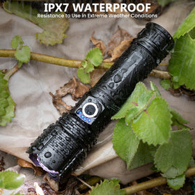 Vinderfine flashlight IPX7 waterproof for rain or snow.