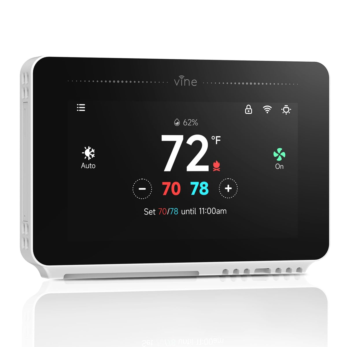Vine thermostat with a 4.3-inch touchscreen offering clear, easy controls for daily comfort.