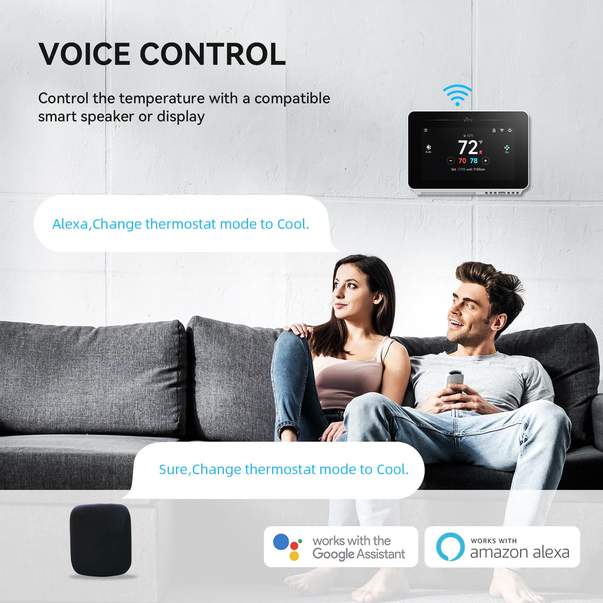 Vine thermostat with 7-day schedules for tailored home comfort.