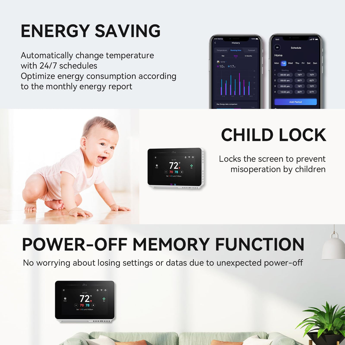 Vine thermostat supports most 24V systems for flexible installation.