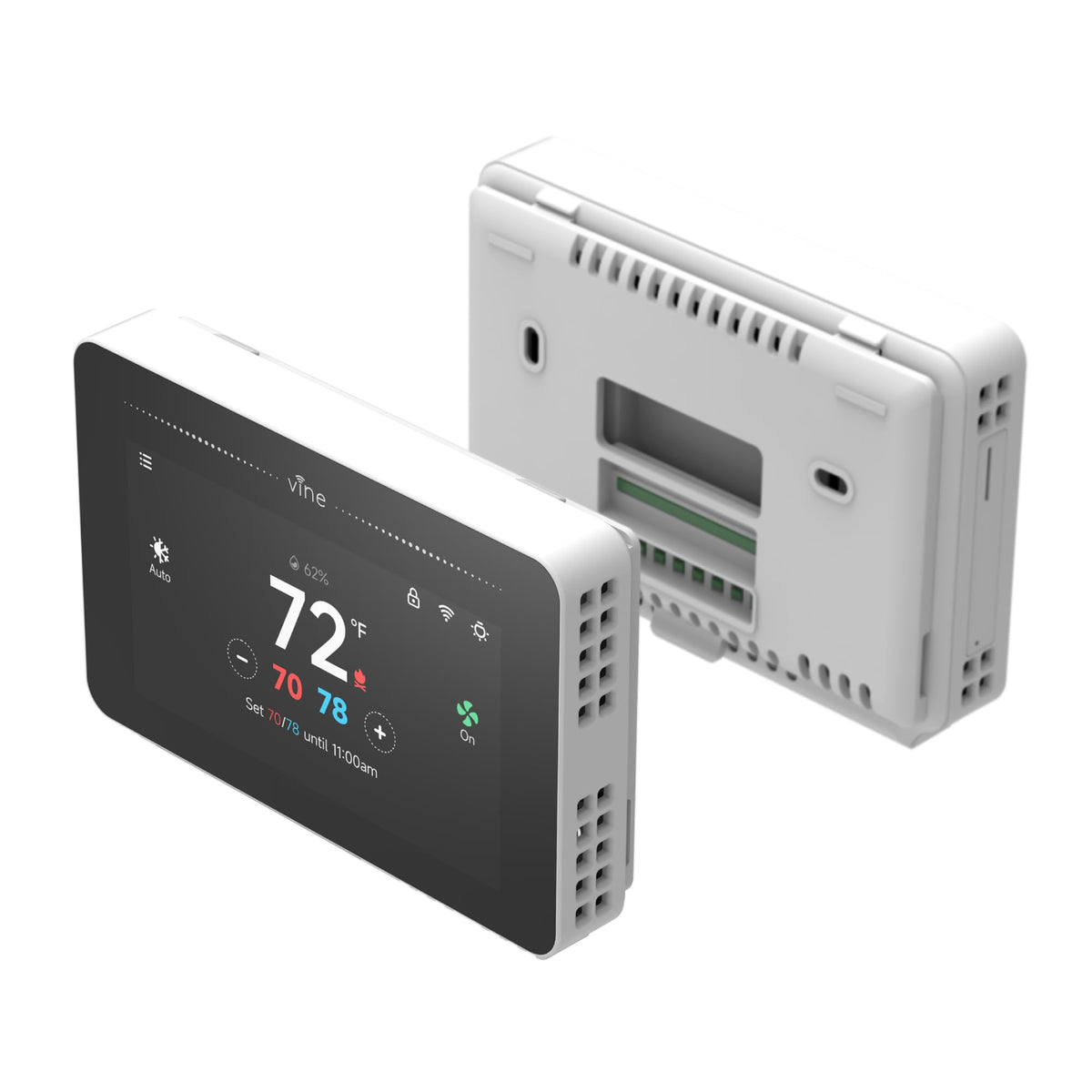 Vine thermostat shows weather and lets you manage fan control for comfort.
