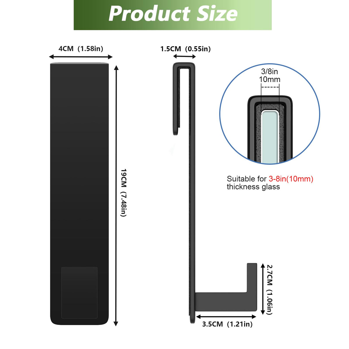 VINHOLD hook fits frameless glass doors up to 3/8 inch thick without drilling