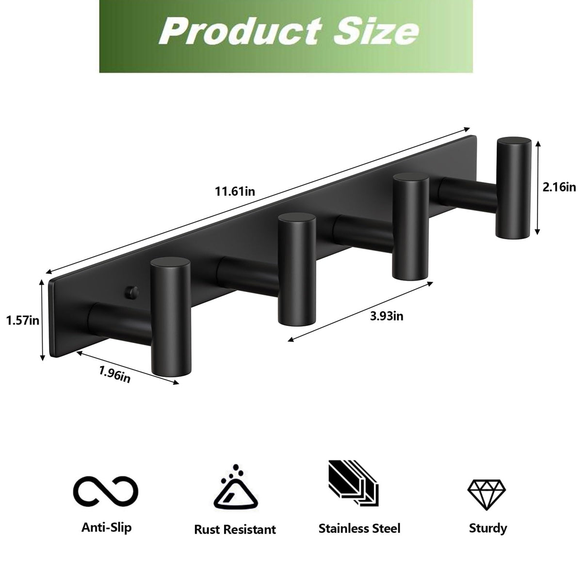 VINHOLD wall mounted coat rack four hooks close up highlights the sleek black finish.